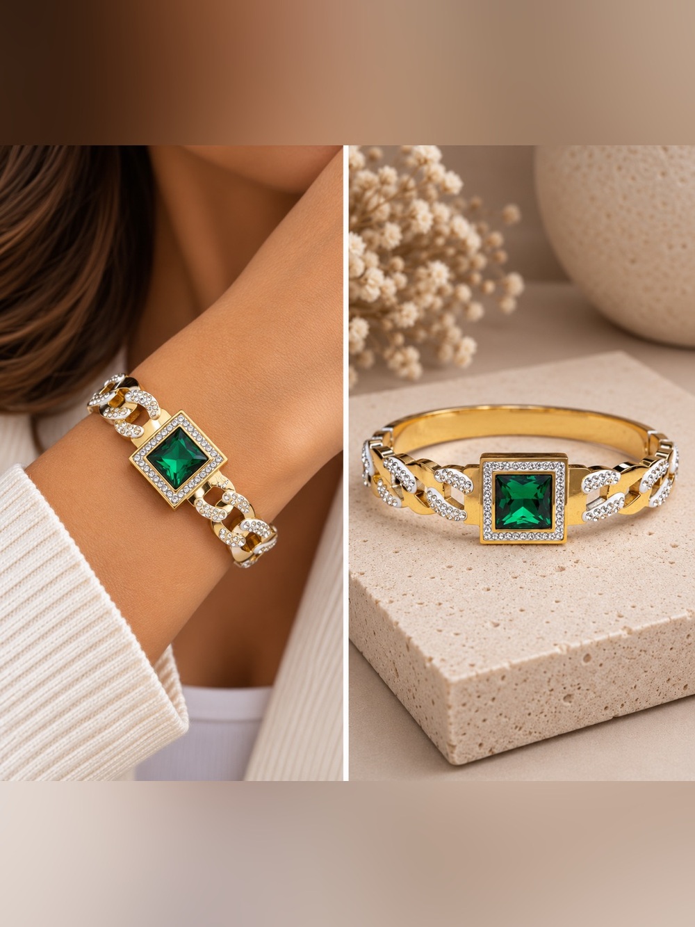 Non-Tarnish 18K Gold Plated Emerald Crystal Bangle